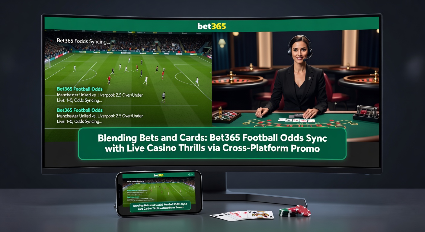 Live Bet365 interface displaying football match odds syncing to live blackjack table with active cross-promotion bonus indicator