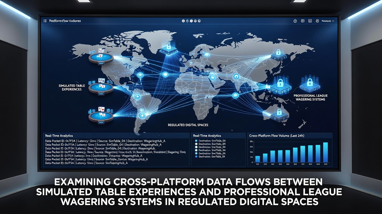 Digital interface showing data synchronization between table game simulations and sports wagering dashboards on a regulated platform