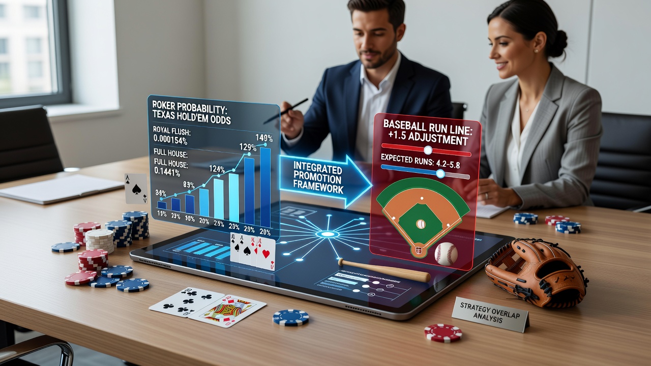Diagram showing probability calculations for poker hands alongside baseball run line adjustment models on a digital promotion interface