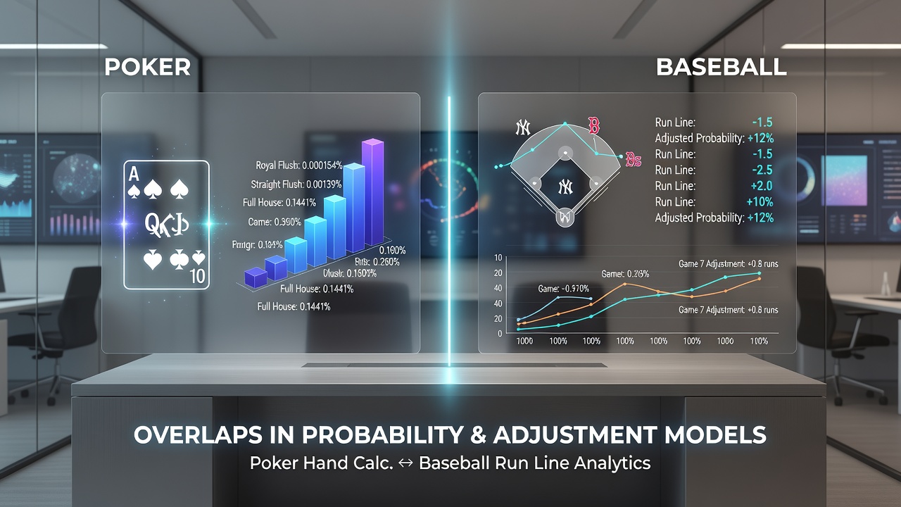 Screenshot of an integrated promotion dashboard displaying poker hand odds next to baseball run line adjustment options