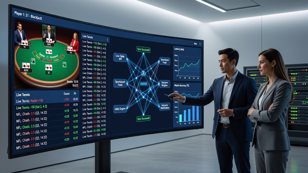 Real-time data synchronization architecture diagram linking dealer tables to sports odds engines