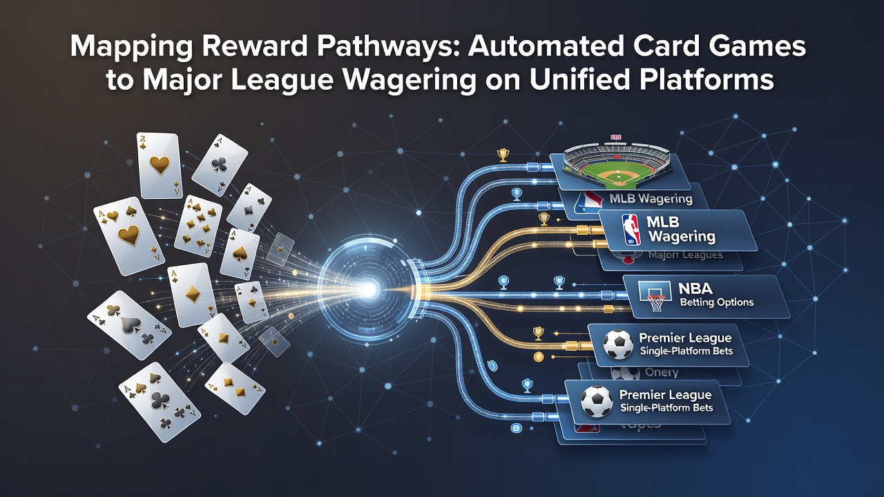 Integrated platform interface showing automated card game sessions alongside major league sports betting dashboards with shared reward indicators