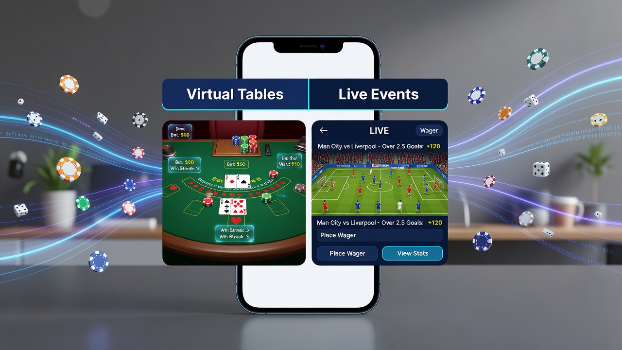Mobile app interface showing virtual blackjack table alongside live sports betting dashboard with quick-switch controls