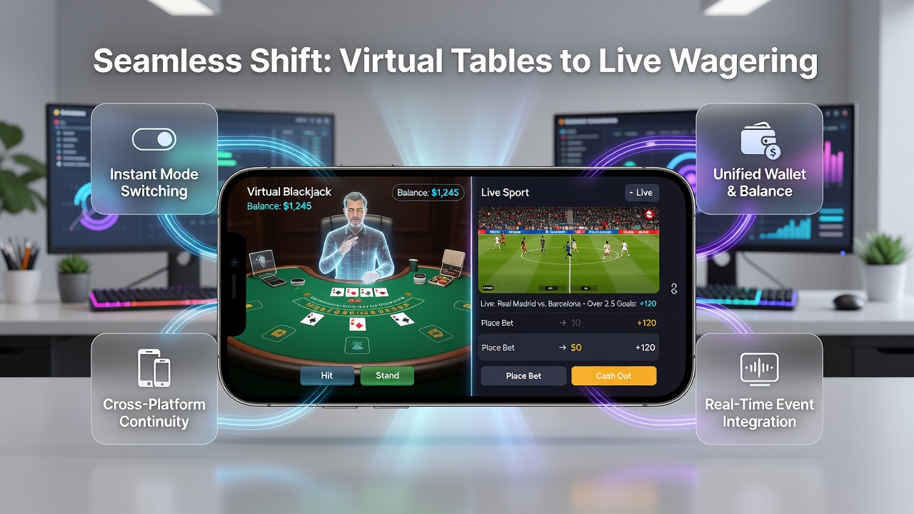 Split-screen mobile view displaying roulette wheel and live football match odds with synchronized balance display