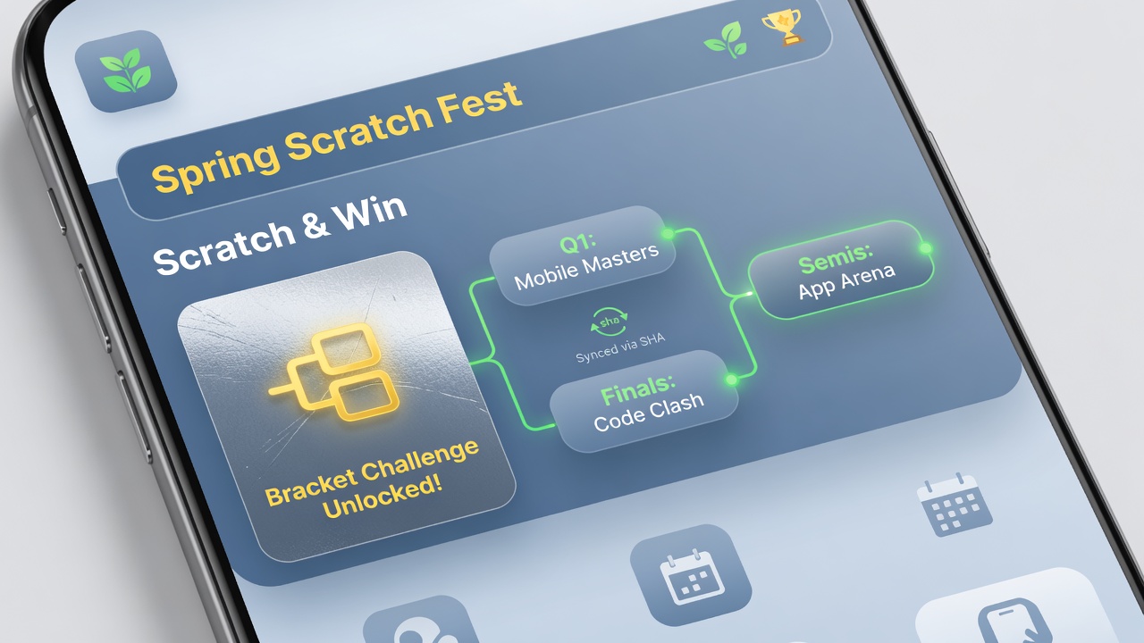 Users engaging with synced scratch card and bracket features on a mobile device during a championship event
