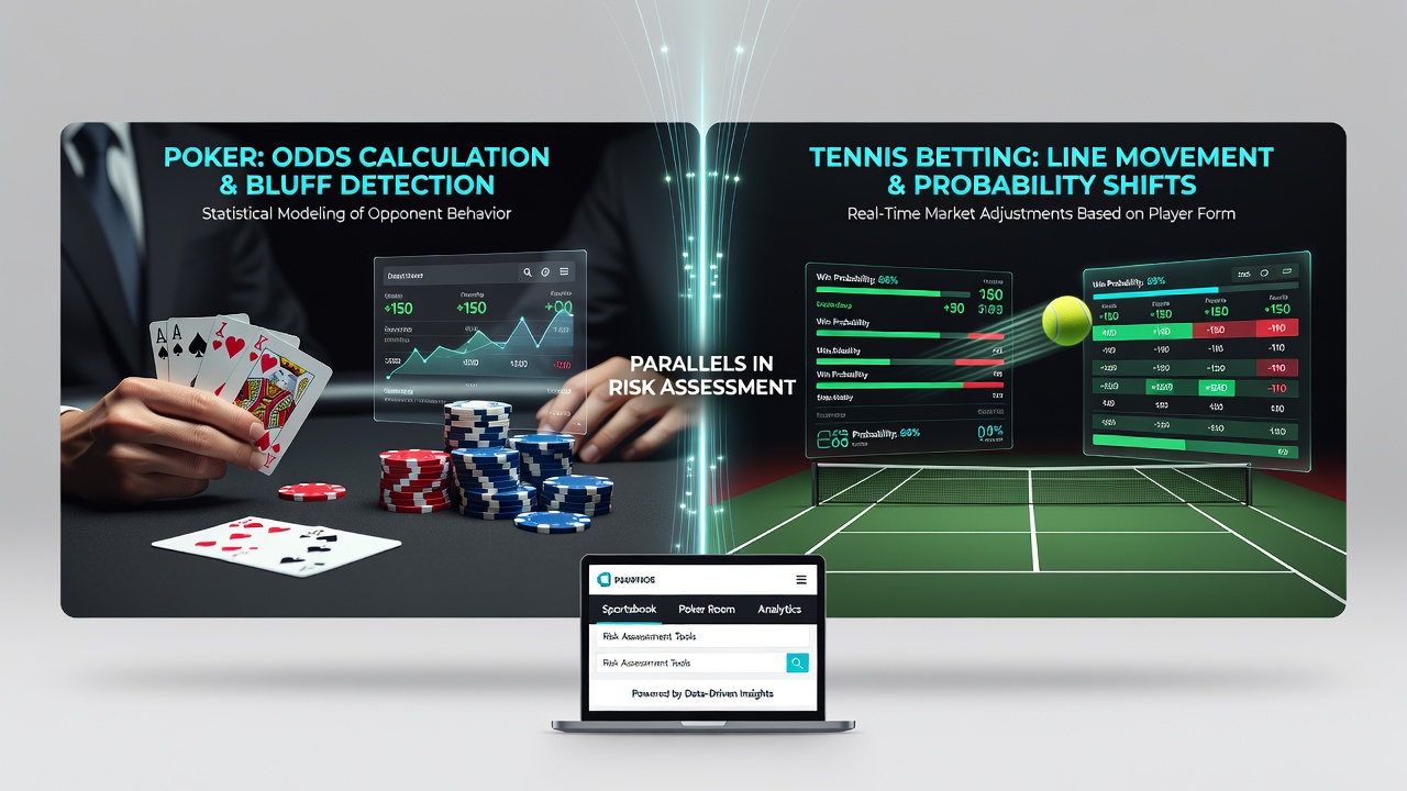 Visual representation of risk assessment models comparing poker tournament data analysis with tennis betting line calculations on integrated gambling platforms