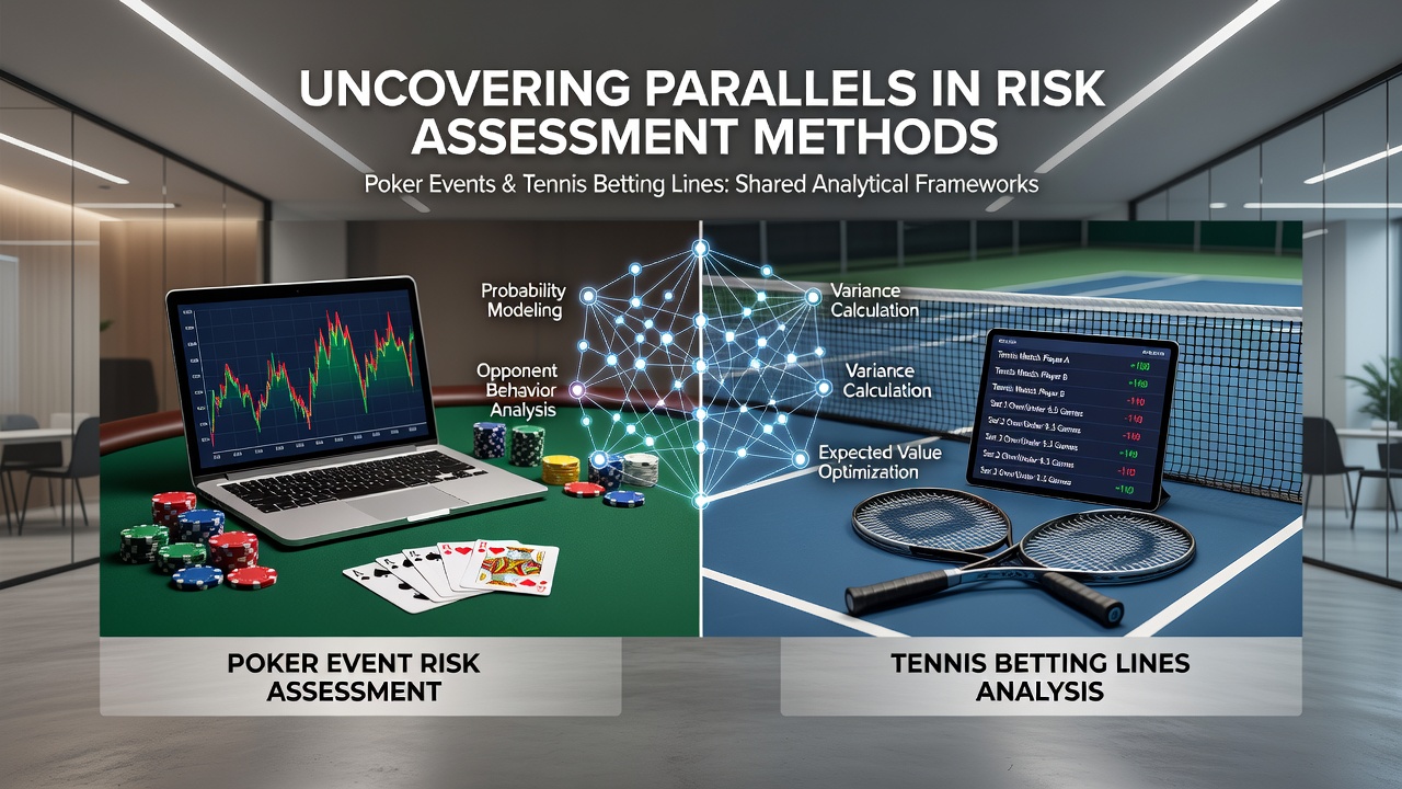 Illustration showing algorithmic connections between poker probability models and tennis betting analytics displayed on a comprehensive gambling portal interface